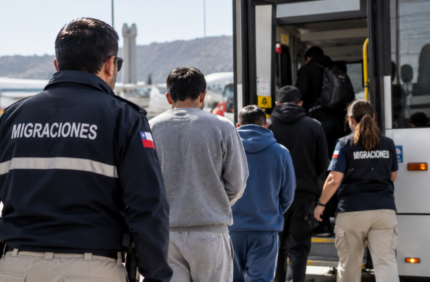 Funcionarios de Migraciones acompañan a un grupo de personas que aborda un bus en un aeropuerto.