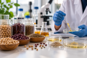 Legumbres de distintos tipos junto a muestras de laboratorio utilizadas en investigación alimentaria.