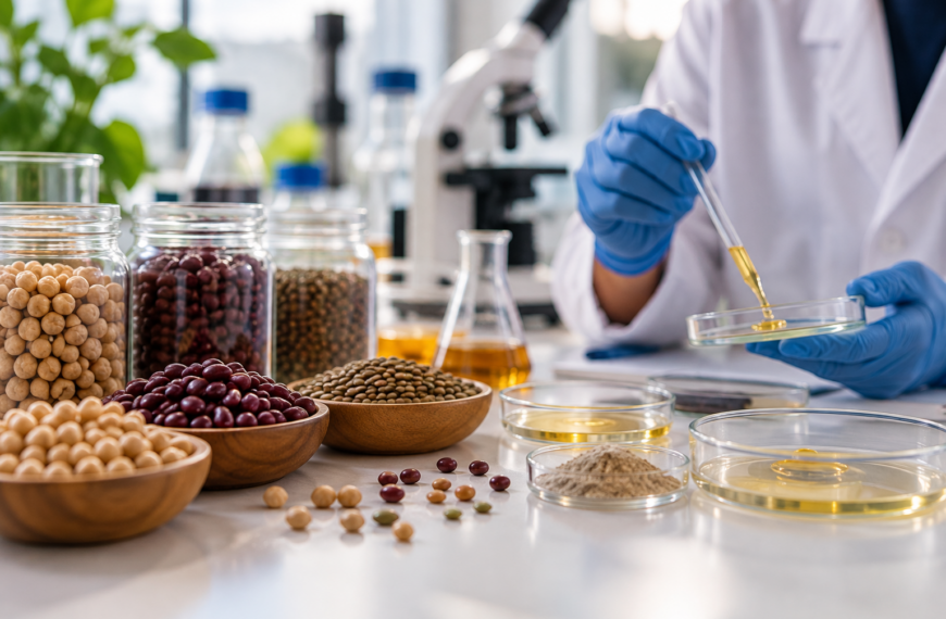 Legumbres de distintos tipos junto a muestras de laboratorio utilizadas en investigación alimentaria.