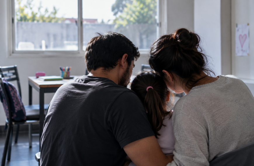 Dos adultos acompañan a una niña en una habitación iluminada por luz natural.
